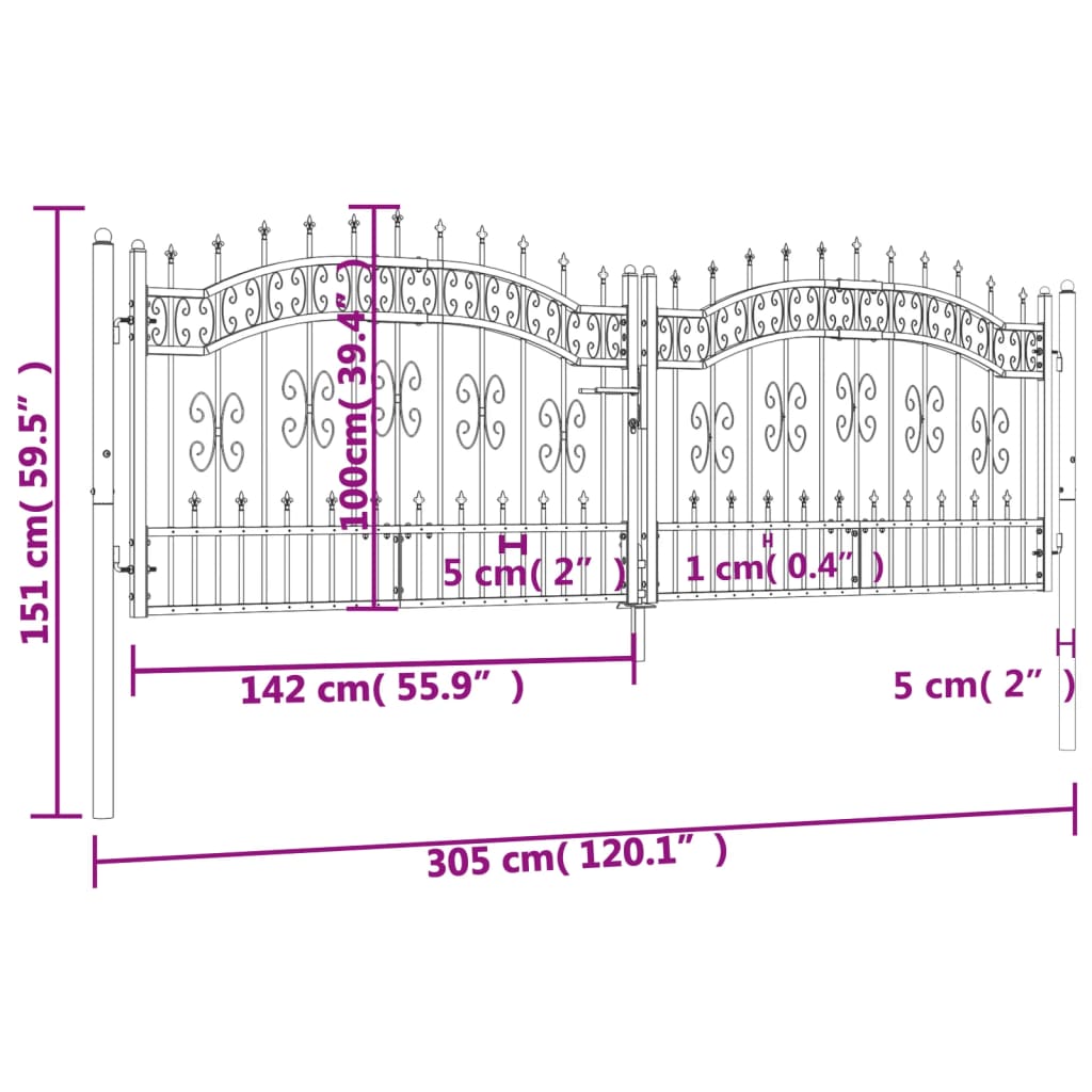 Poort met spijlpunten 305x151 cm gepoedercoat staal zwart