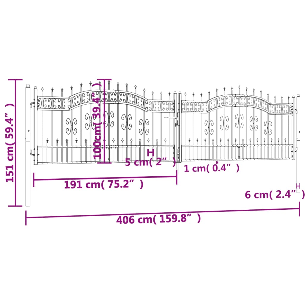 Poort met spijlpunten 406x151 cm gepoedercoat staal zwart