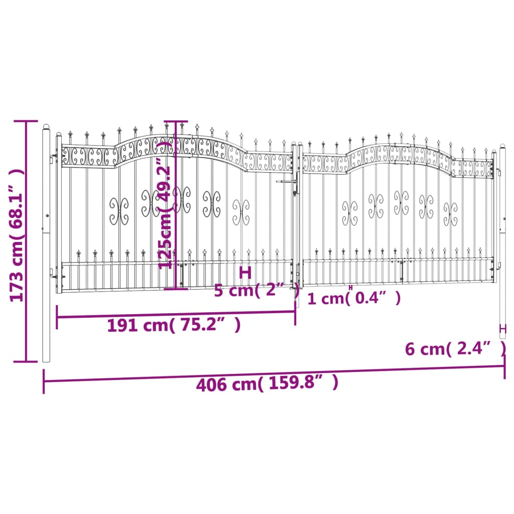 Poort met spijlpunten 406x173 cm gepoedercoat staal zwart