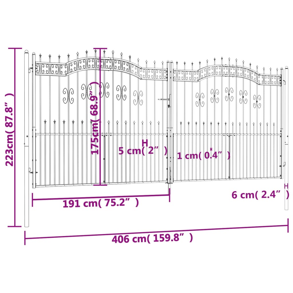 Poort met spijlpunten 406x223 cm gepoedercoat staal zwart