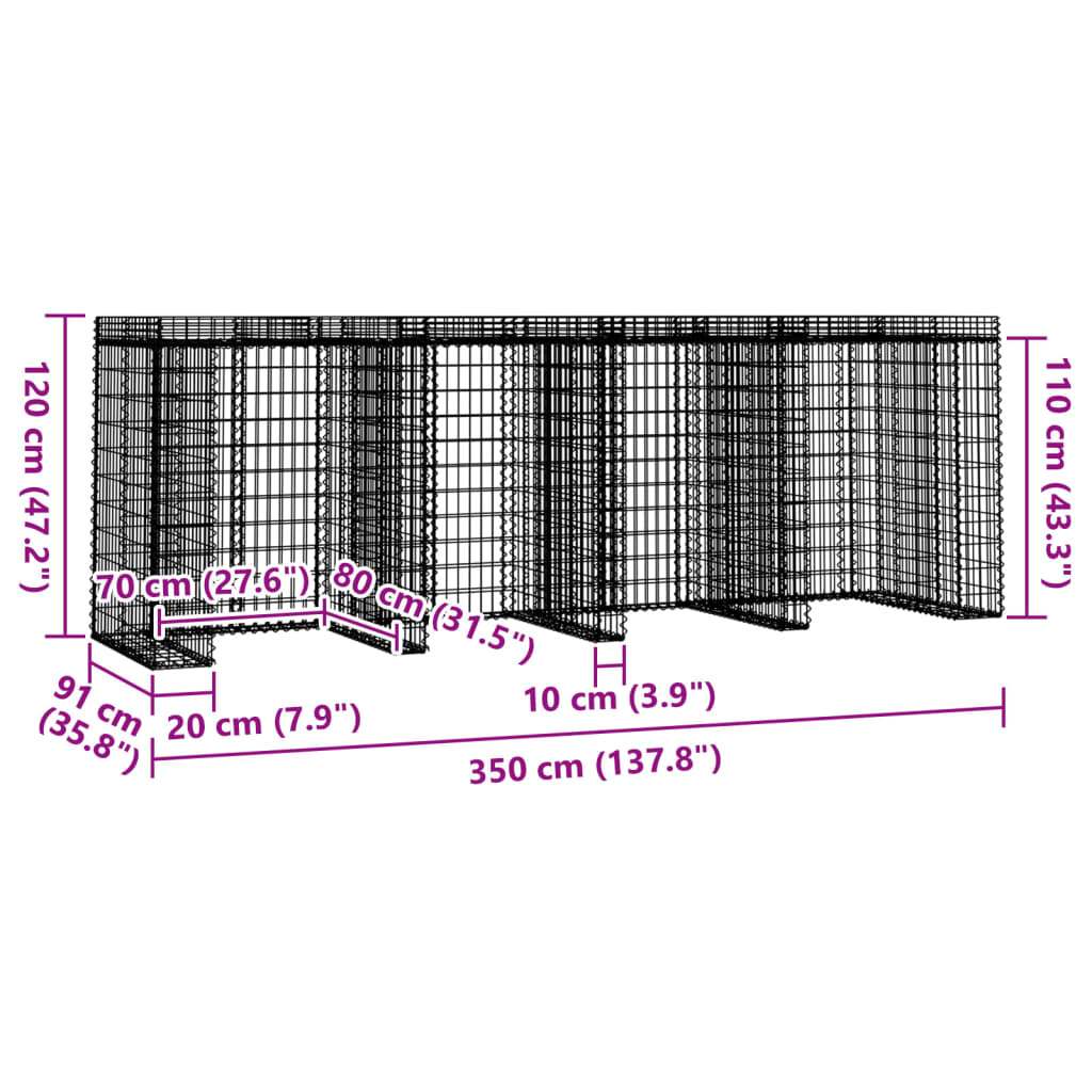 Schanskorf voor vuilnisbak 350x91x120 cm gegalvaniseerd ijzer