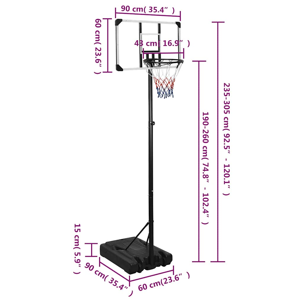 Basketbalstandaard 235-305 cm polycarbonaat transparant