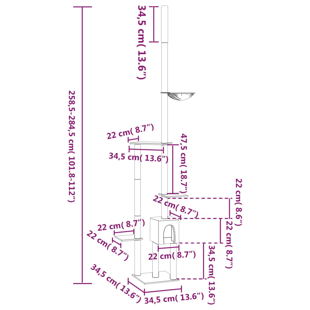 Kattenmeubel vloer tot plafond 258,5-284,5 cm lichtgrijs