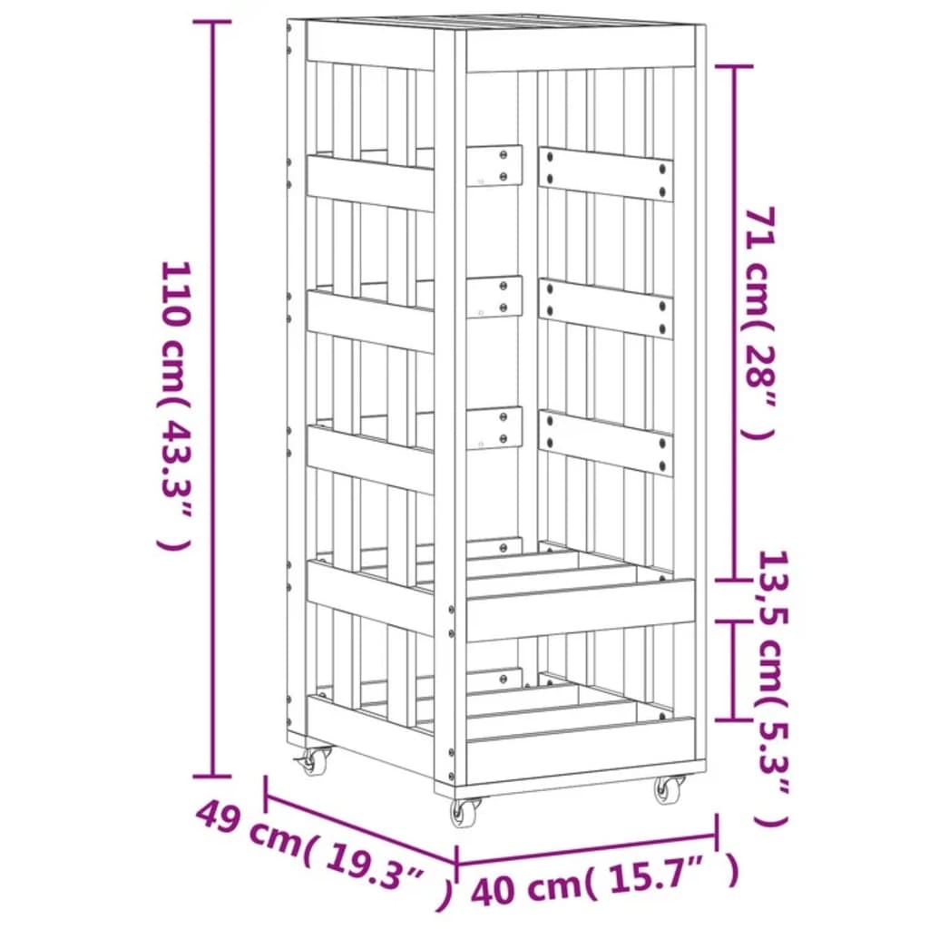 Houtblokhouder met wielen 40x49x110 cm massief grenenhout wit