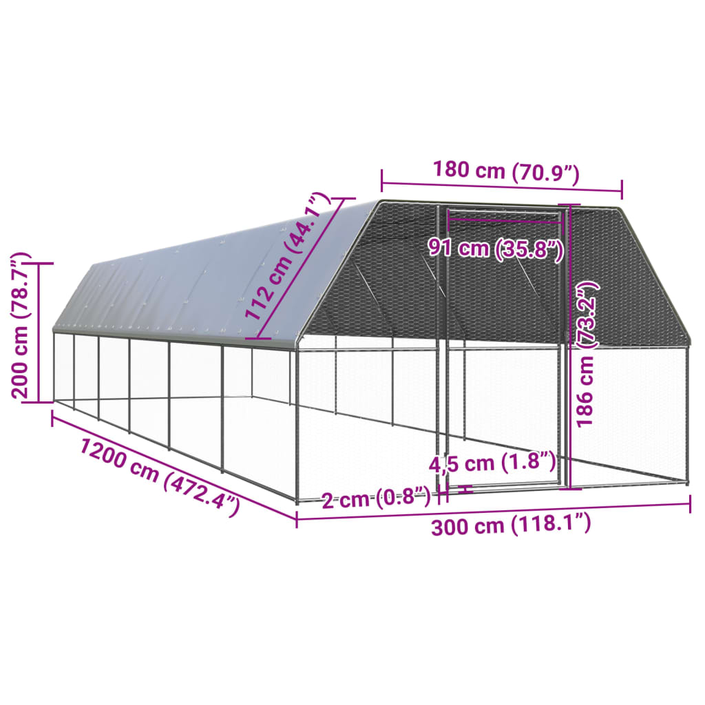 Buitenhok voor kippen 3x12x2 m gegalvaniseerd staal