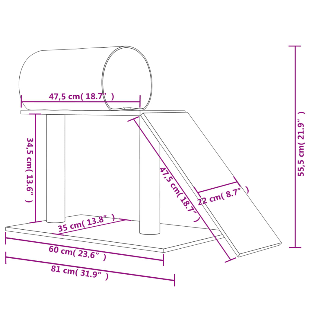 Kattenmeubel met tunnel en ladder 55,5 cm crèmekleurig