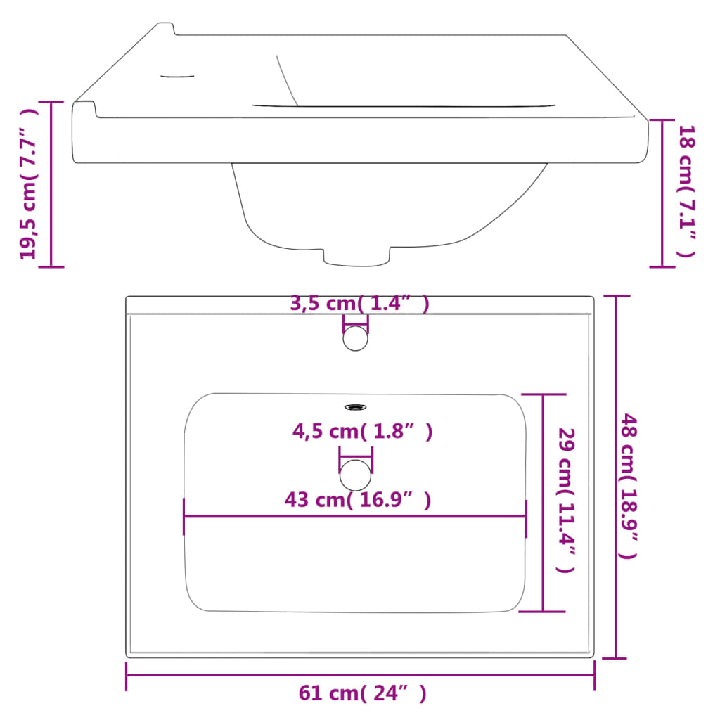 Wastafel rechthoekig 61x48x19,5 cm keramiek wit