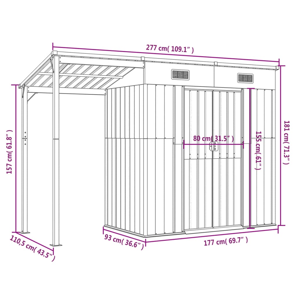 Tuinschuur met verlengd dak 277x110,5x181 cm staal antraciet