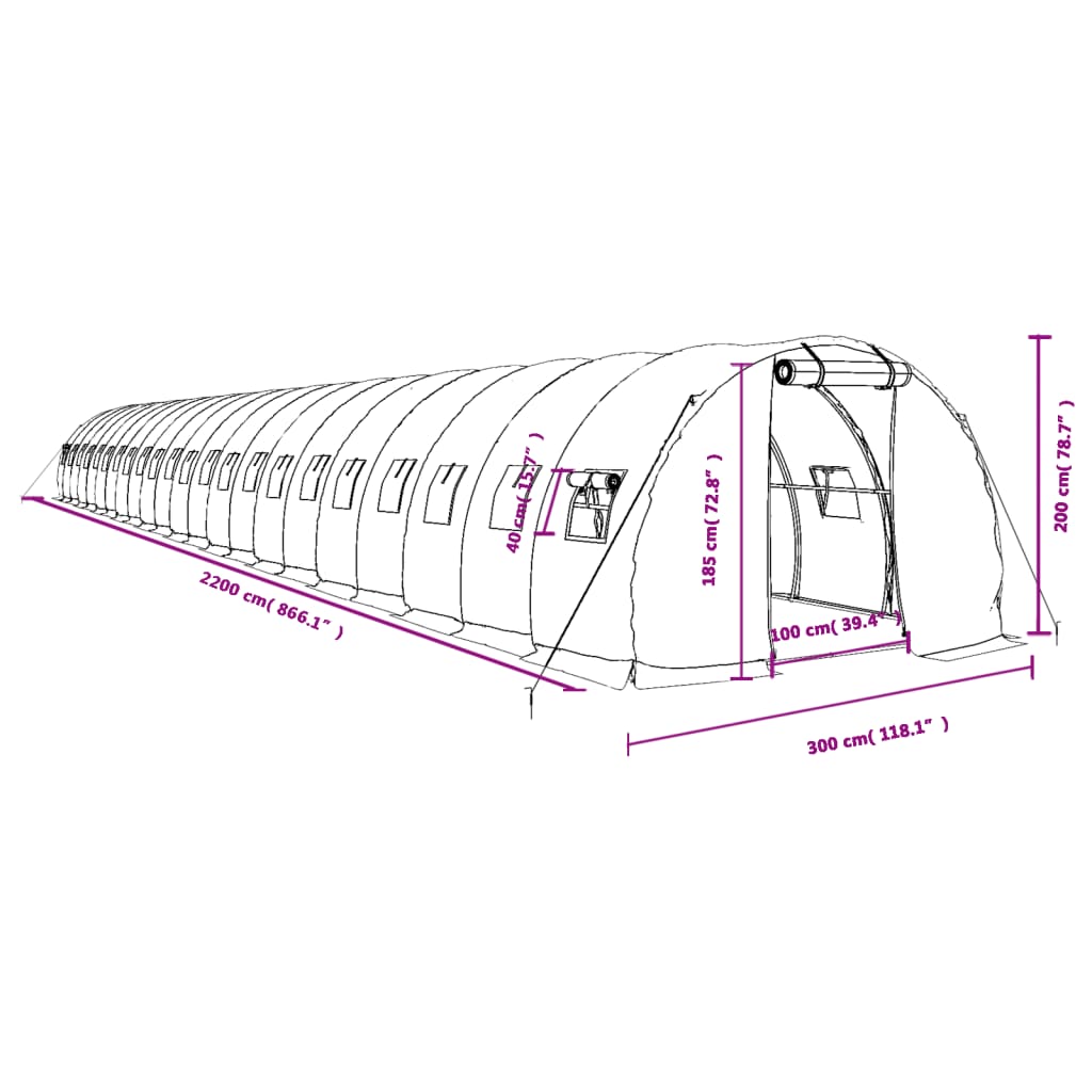 Tuinkas met stalen frame 66 m² 22x3x2 m groen