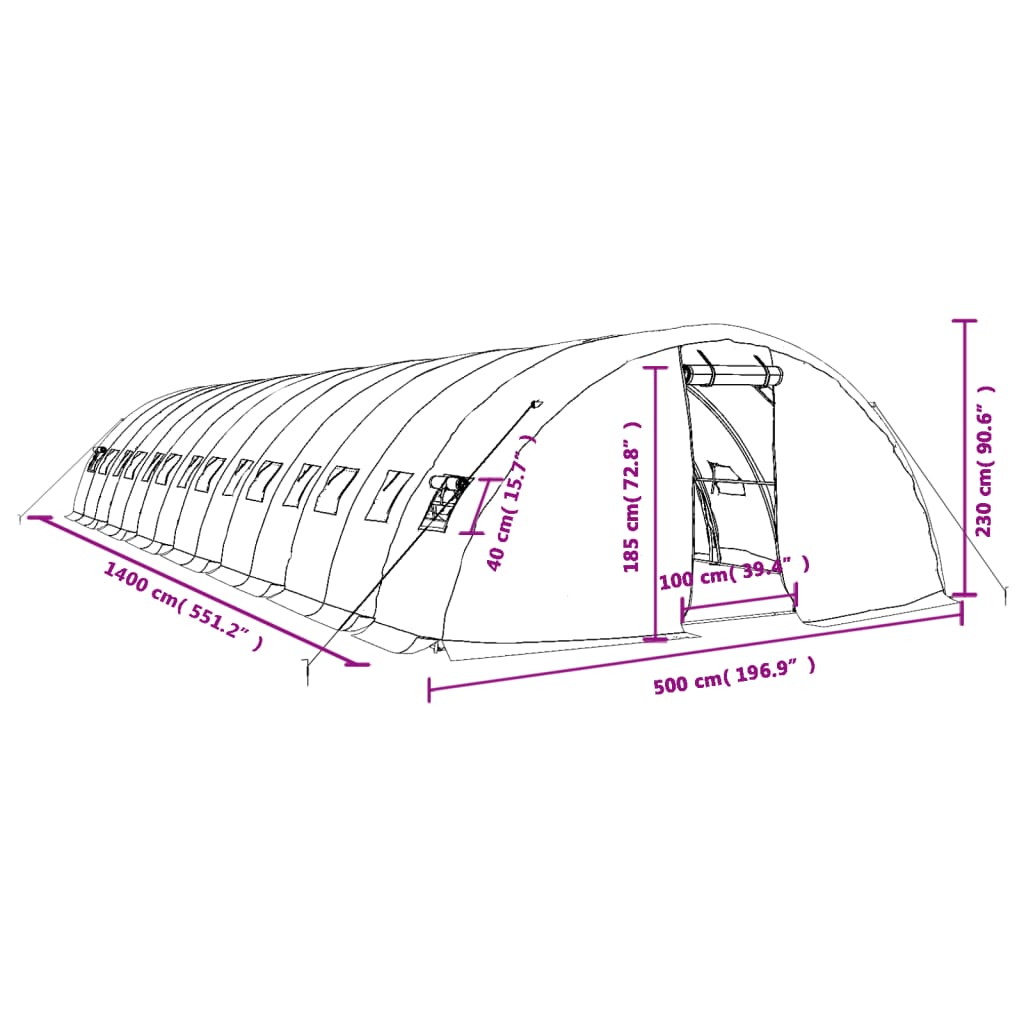 Tuinkas met stalen frame 70 m² 14x5x2,3 m groen