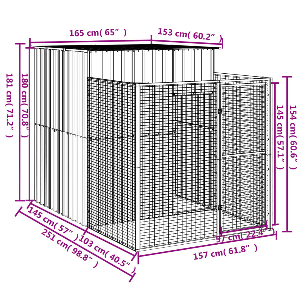 Hondenhok met ren 165x251x181 cm gegalvaniseerd staal antraciet