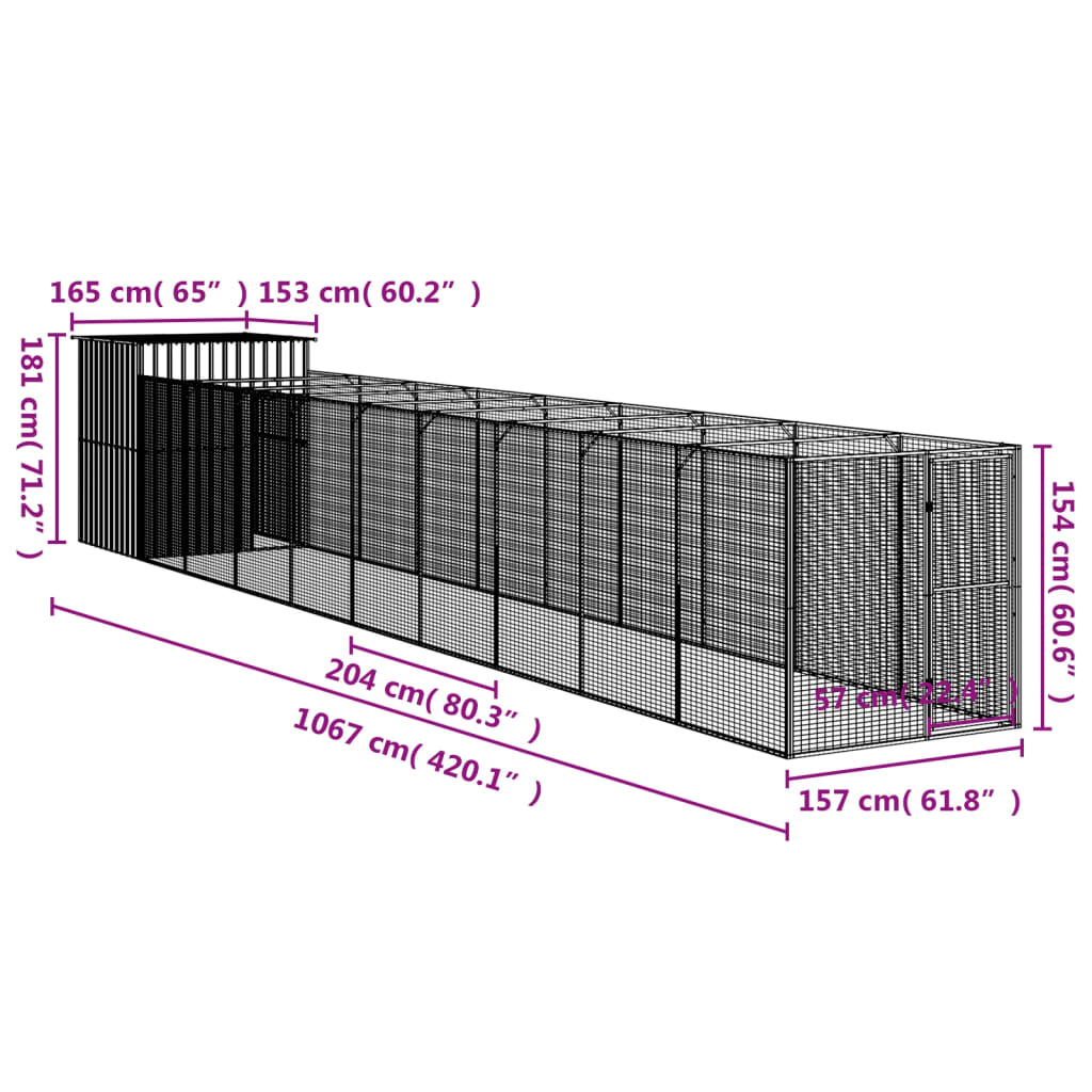 Hondenhok met ren 165x1067x181 cm staal antraciet