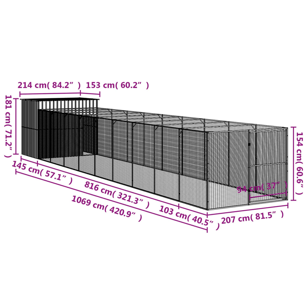 Hondenhok met ren 214x1069x181 cm staal antraciet