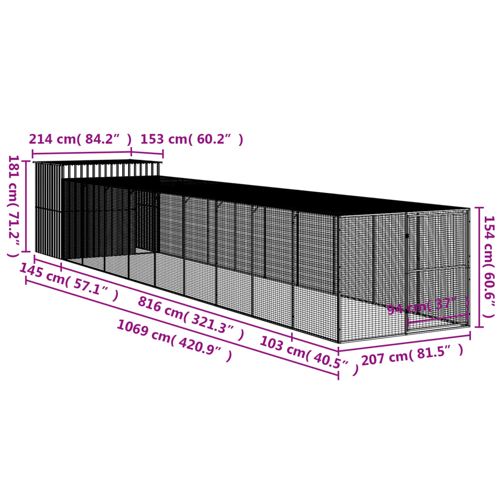 Hondenhok met ren 214x1069x181 cm staal antraciet