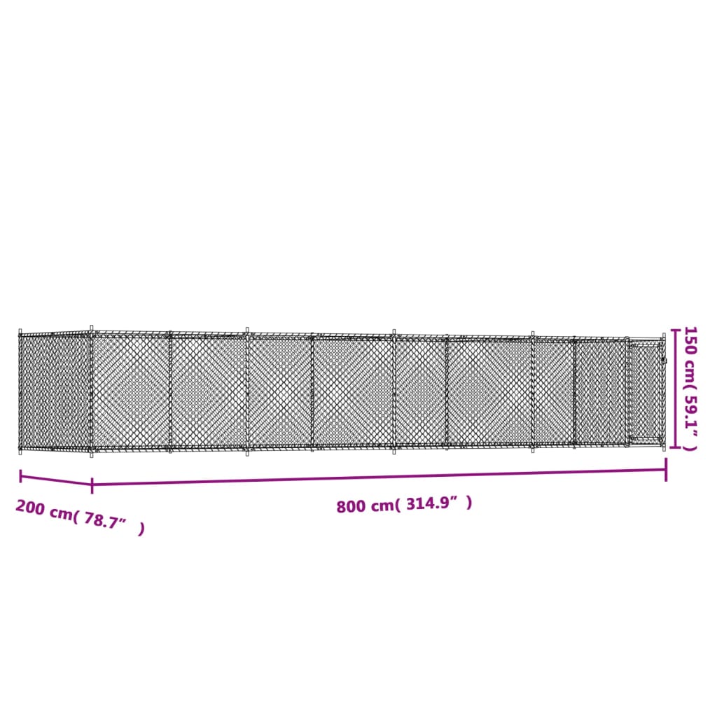 Hondenhok met deur 8x2x1,5 m gegalvaniseerd staal grijs