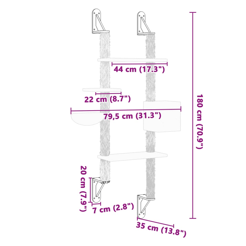 Kattenmeubel wandgemonteerd met krabpaal 180 cm crèmekleurig