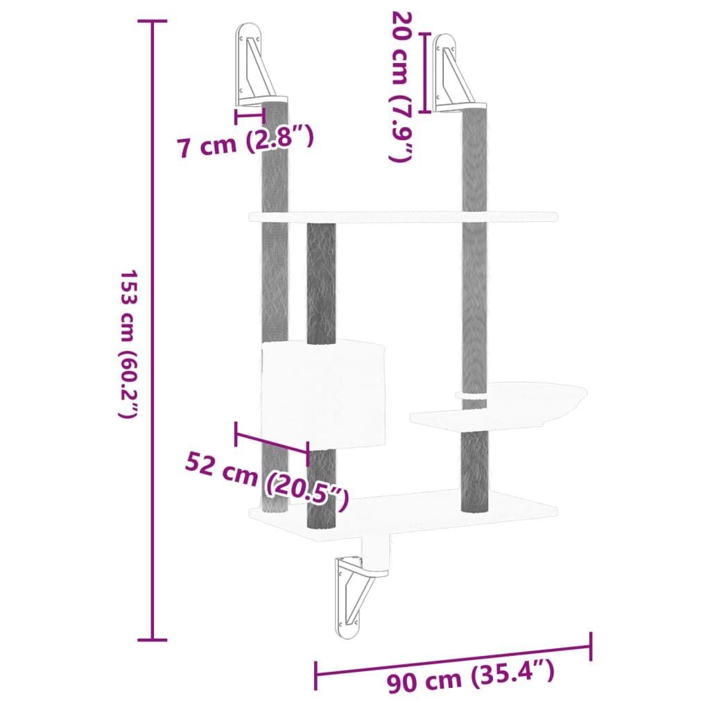 Kattenmeubel wandgemonteerd met krabpaal 153 cm lichtgrijs