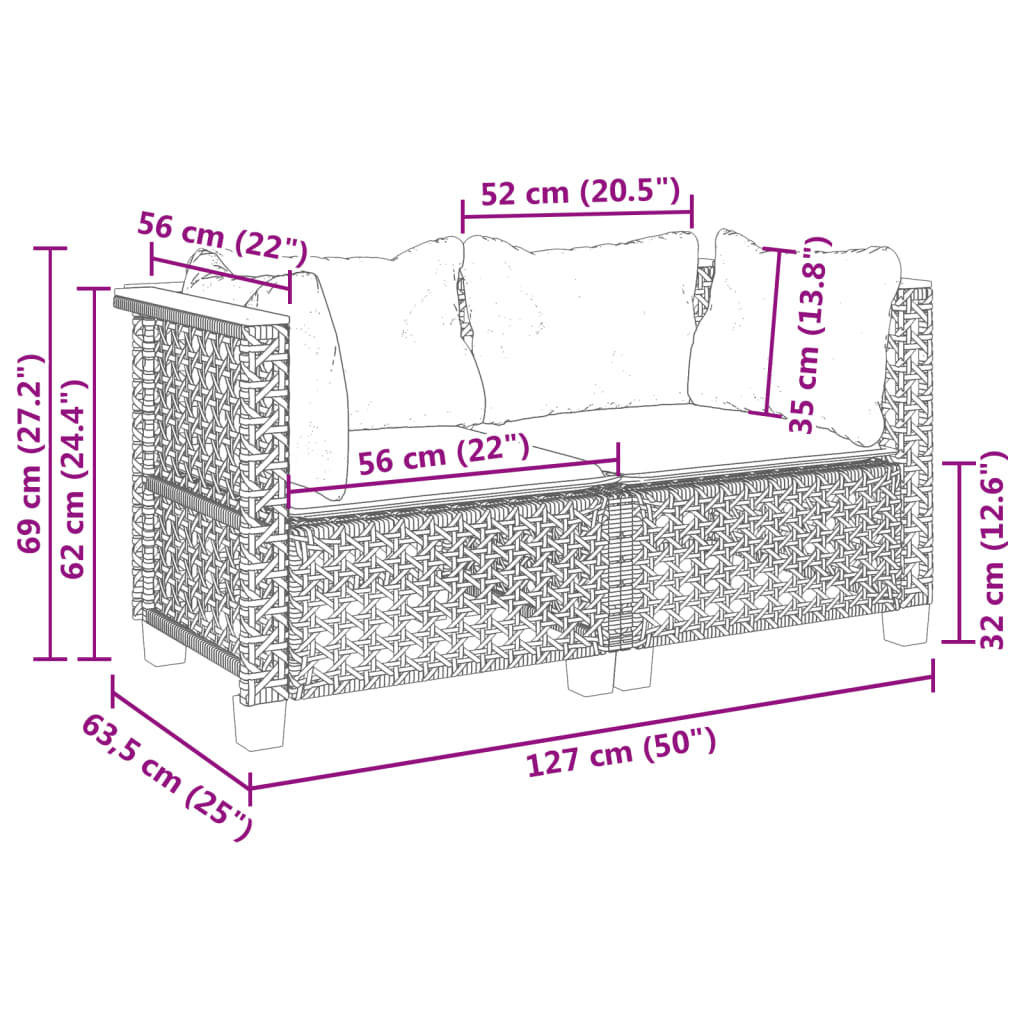 Tuinhoekbanken 2 st met kussens poly rattan grijs