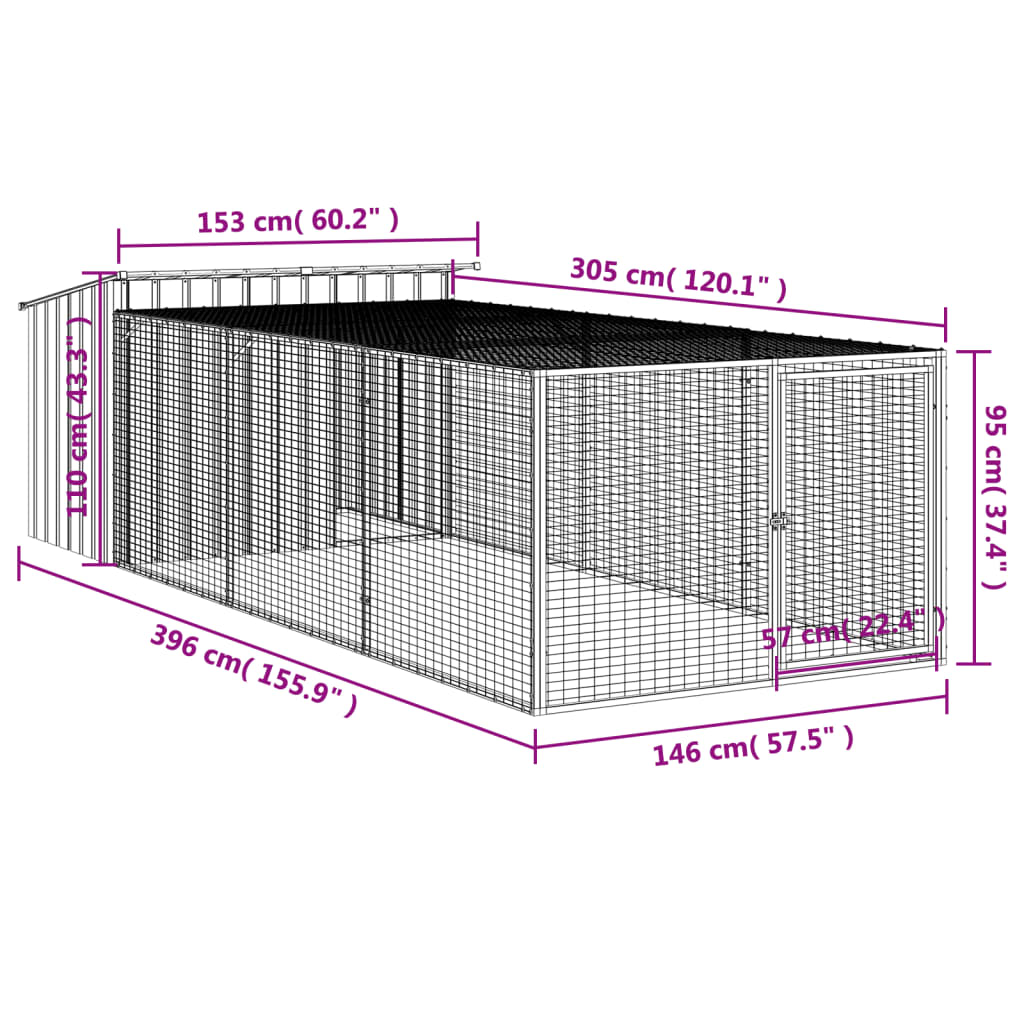 Hondenhok met ren 153x396x110 cm gegalvaniseerd staal antraciet