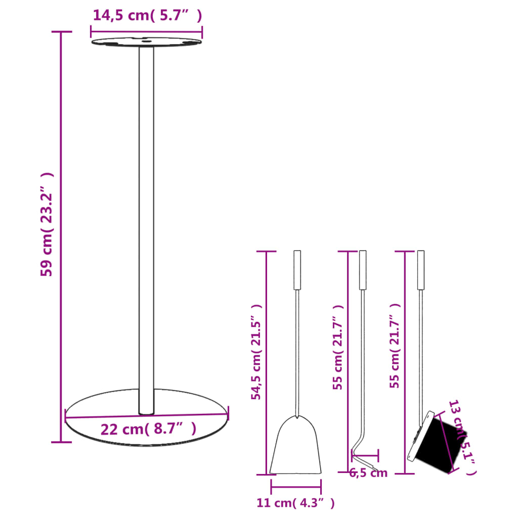 4-delige Haardset 22x59 cm staal