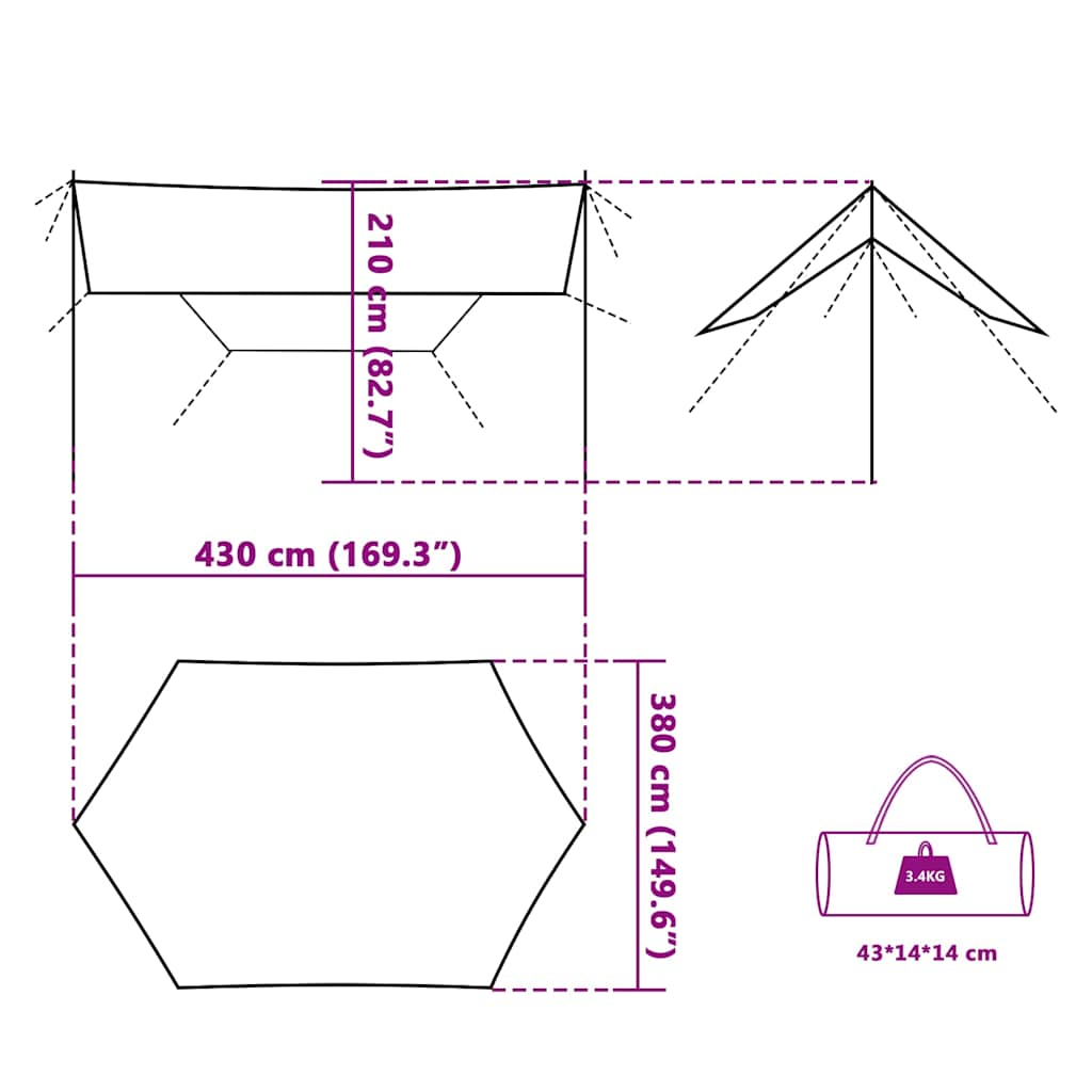 Kampeerluifel waterdicht 430x380x210 cm grijs en oranje