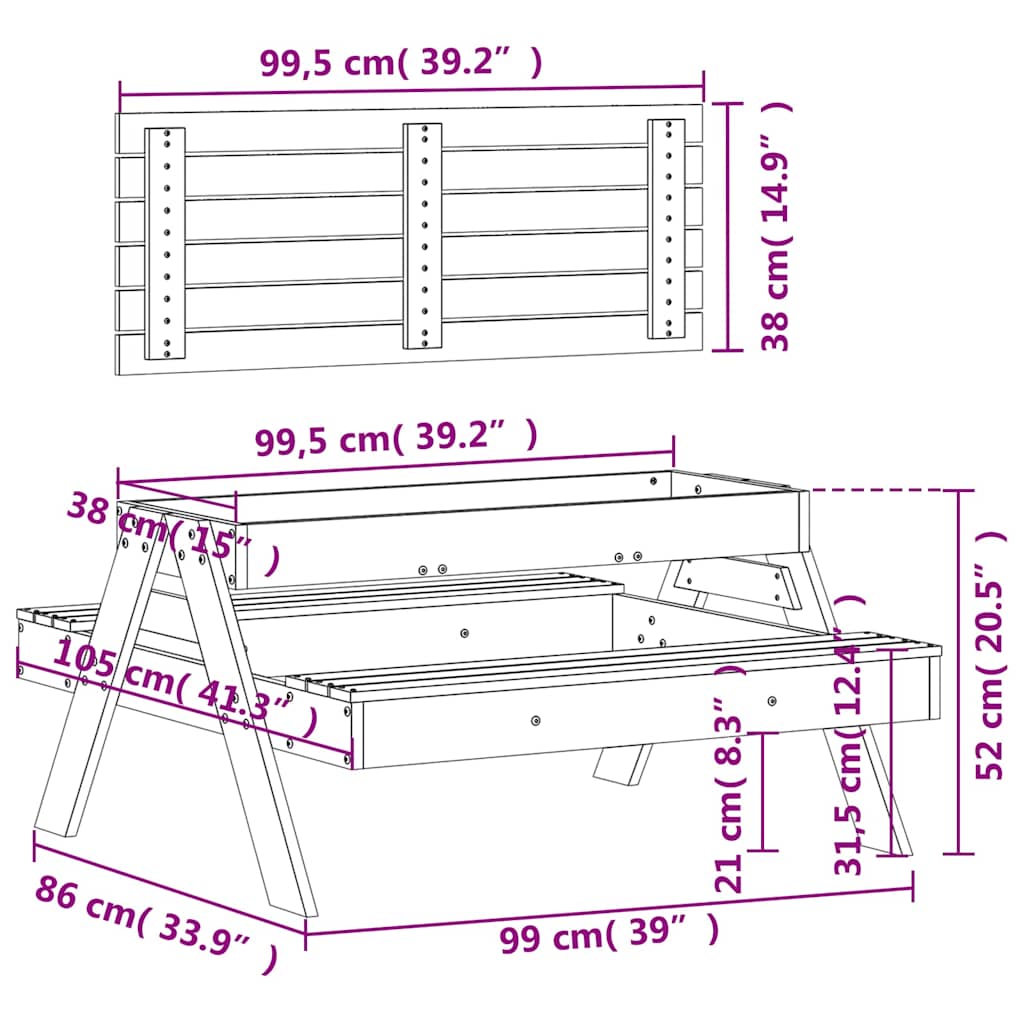 Picknicktafel met zandbak voor kinderen massief grenenhout