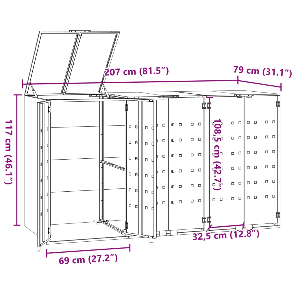 Containerberging voor 3 containers 207x79x117 cm staal zwart