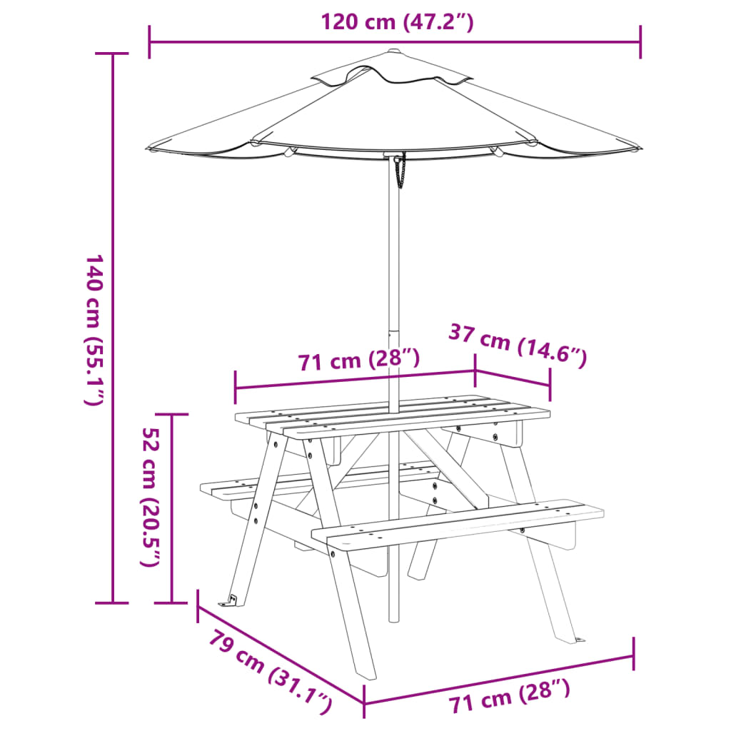 Picknicktafel voor 4 kinderen met parasol massief vurenhout