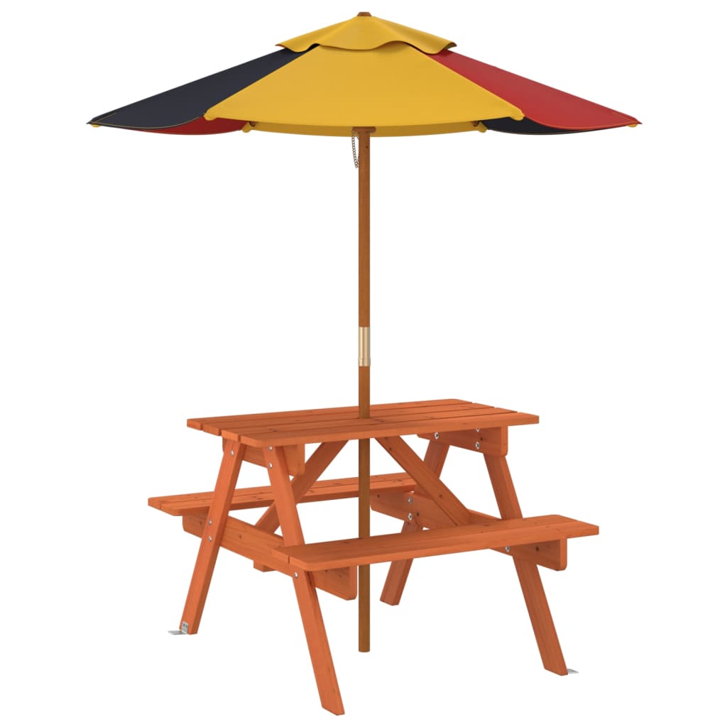 Picknicktafel voor 4 kinderen met parasol massief vurenhout