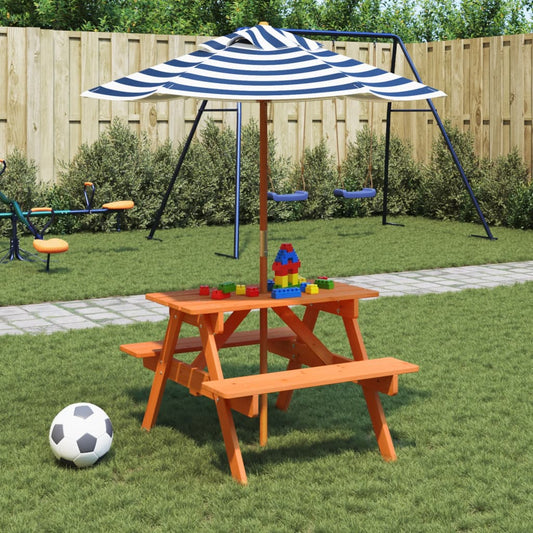 Picknicktafel voor 4 kinderen met parasol massief vurenhout