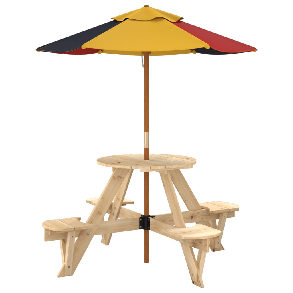 Picknicktafel voor 4 kinderen met parasol rond vurenhout