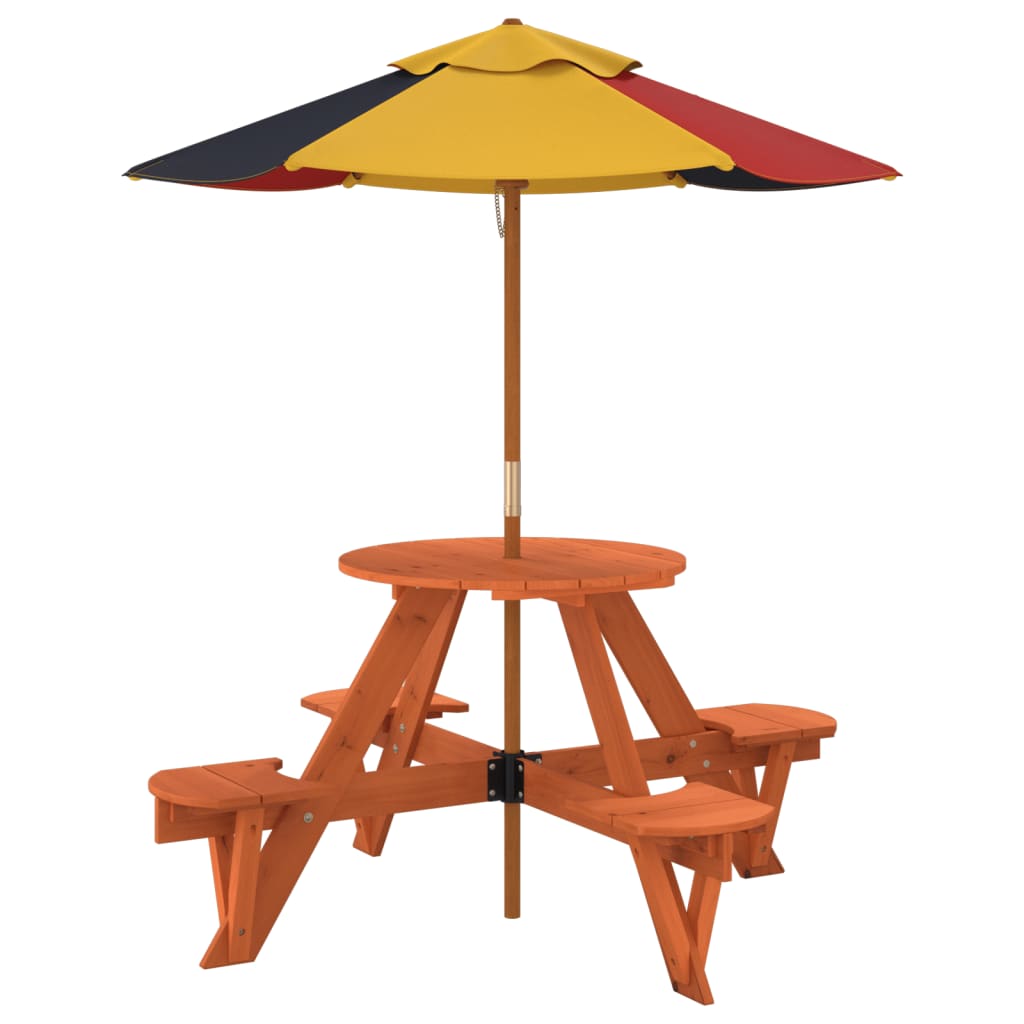 Picknicktafel voor 4 kinderen met parasol rond vurenhout