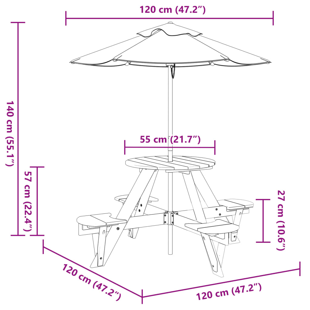 Picknicktafel voor 4 kinderen met parasol rond vurenhout