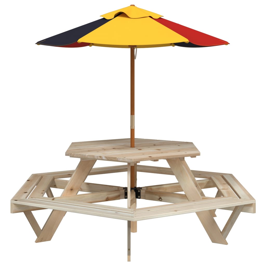 Picknicktafel voor 4 kinderen met parasol zeshoekig vurenhout