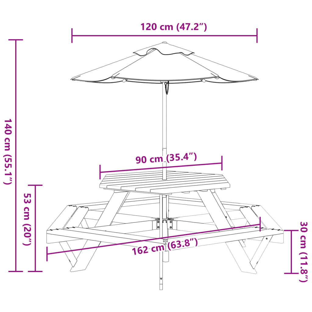 Picknicktafel voor 4 kinderen met parasol zeshoekig vurenhout