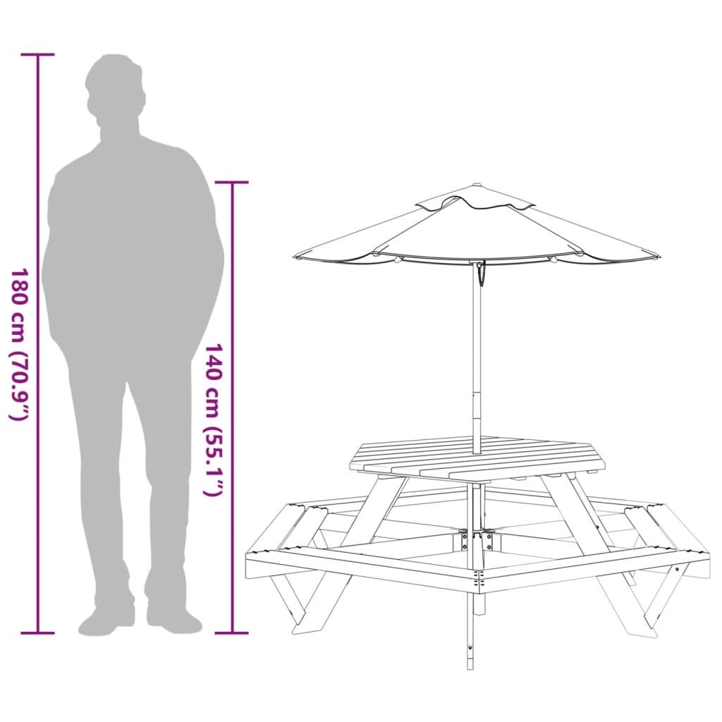 Picknicktafel voor 4 kinderen met parasol zeshoekig vurenhout