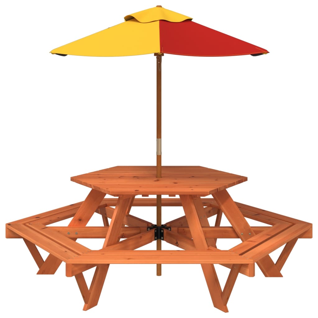 Picknicktafel voor 4 kinderen met parasol zeshoekig vurenhout