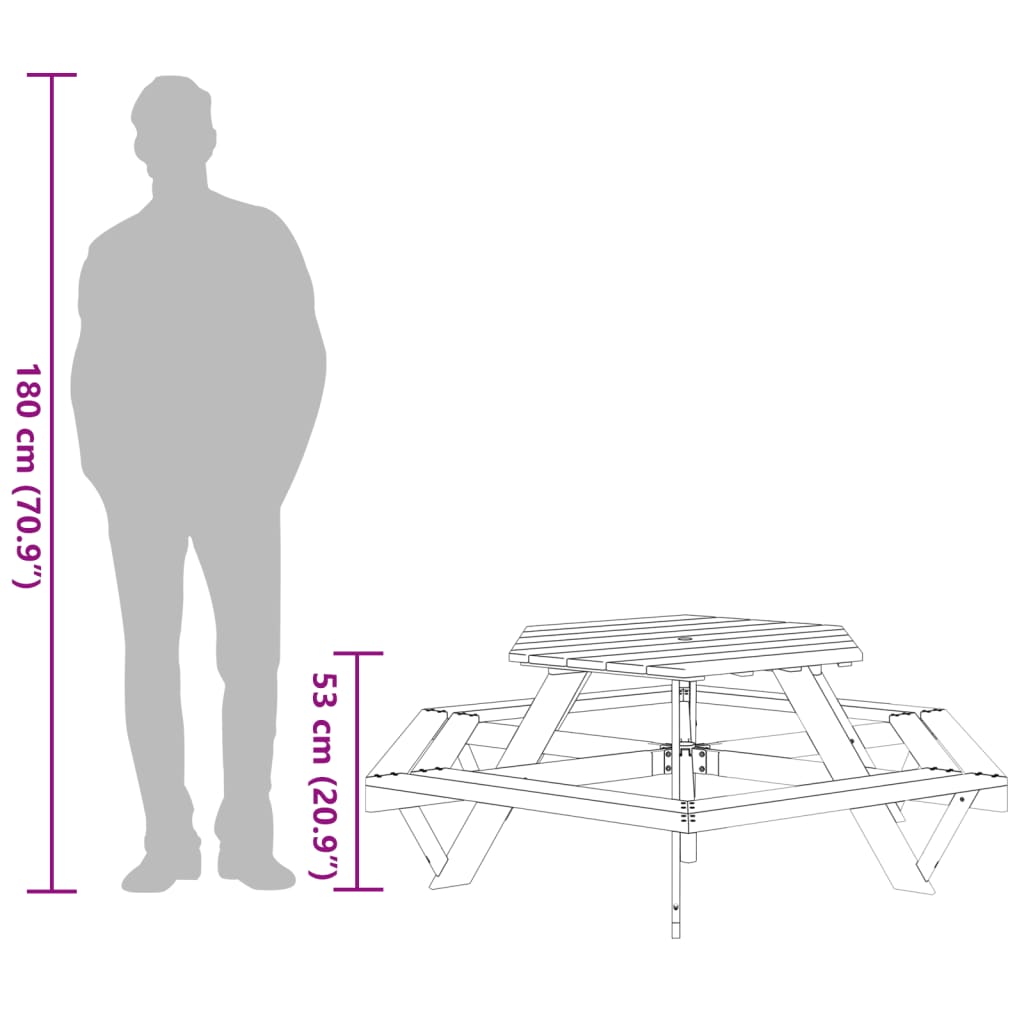 Picknicktafel voor 6 kinderen met banken zeshoekig vurenhout