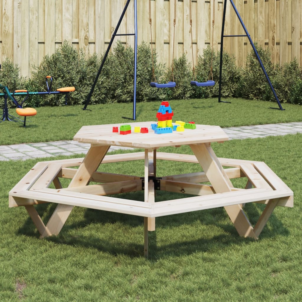 Picknicktafel voor 6 kinderen met banken zeshoekig vurenhout