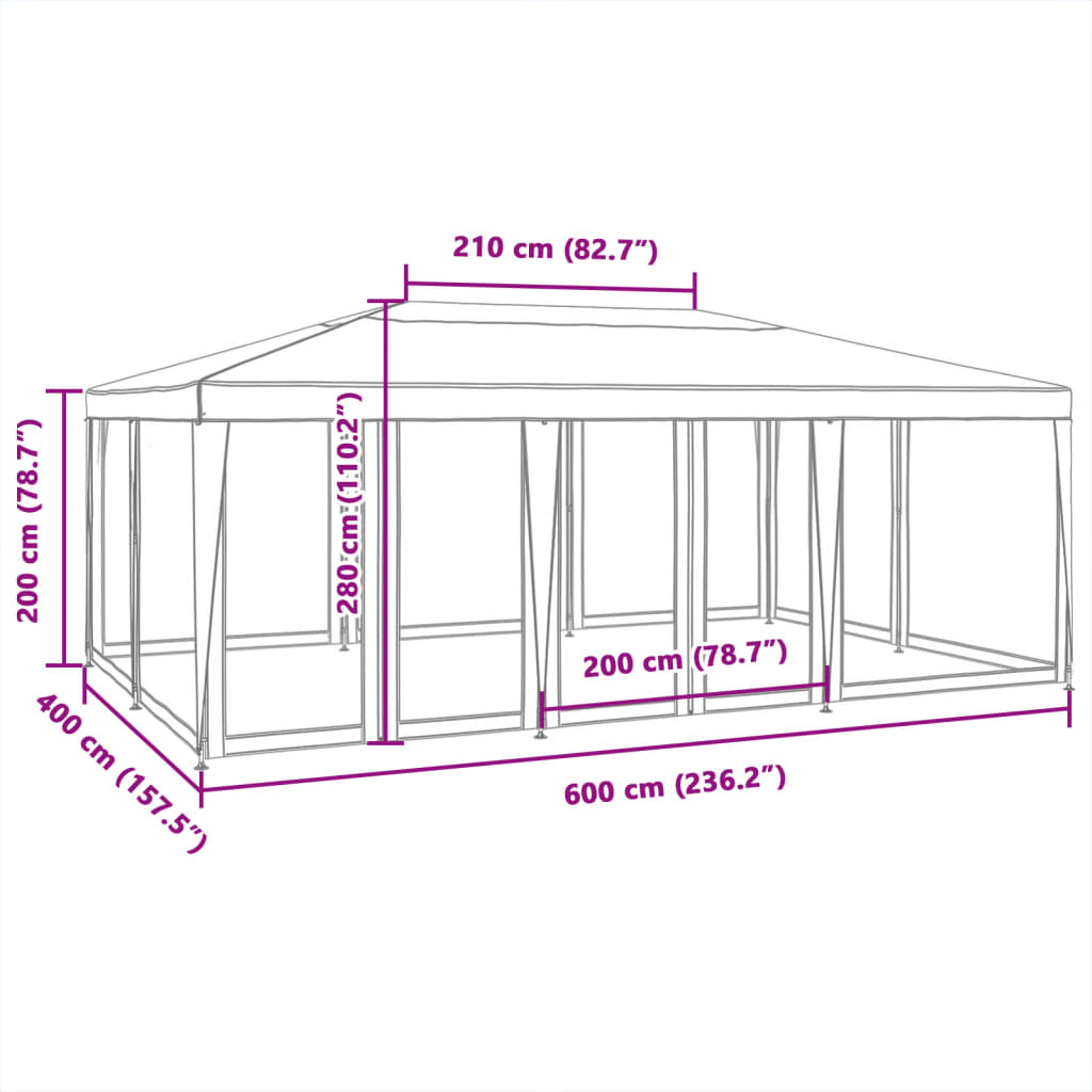 Partytent met 10 mesh zijwanden 6x4 m HDPE wit