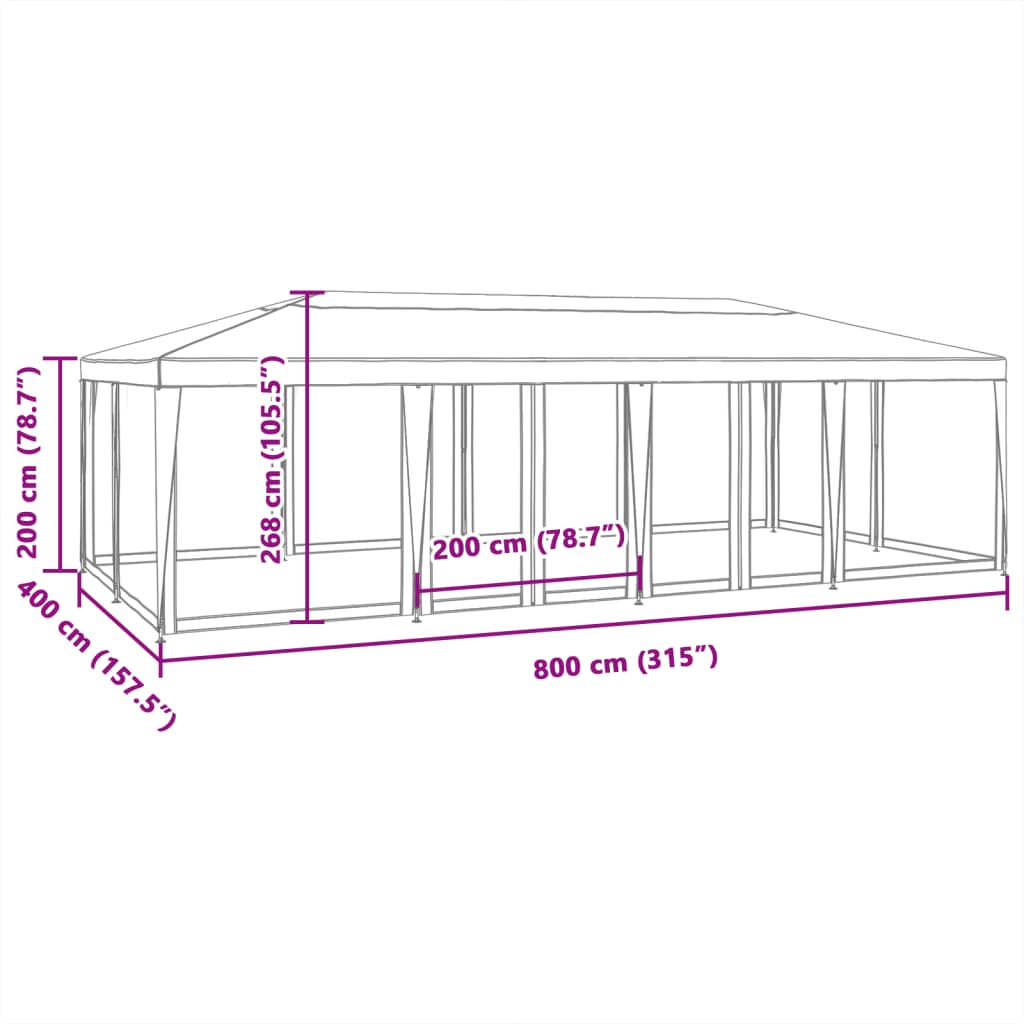 Partytent met 12 mesh zijwanden 8x4 m HDPE wit