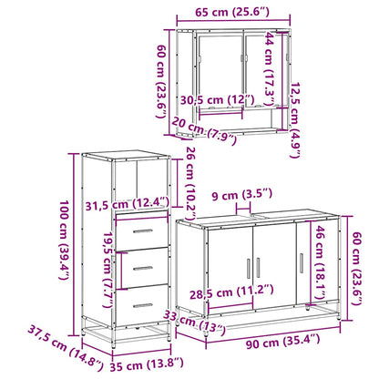 3-delige Badkamermeubelset bewerkt hout bruin eikenkleur