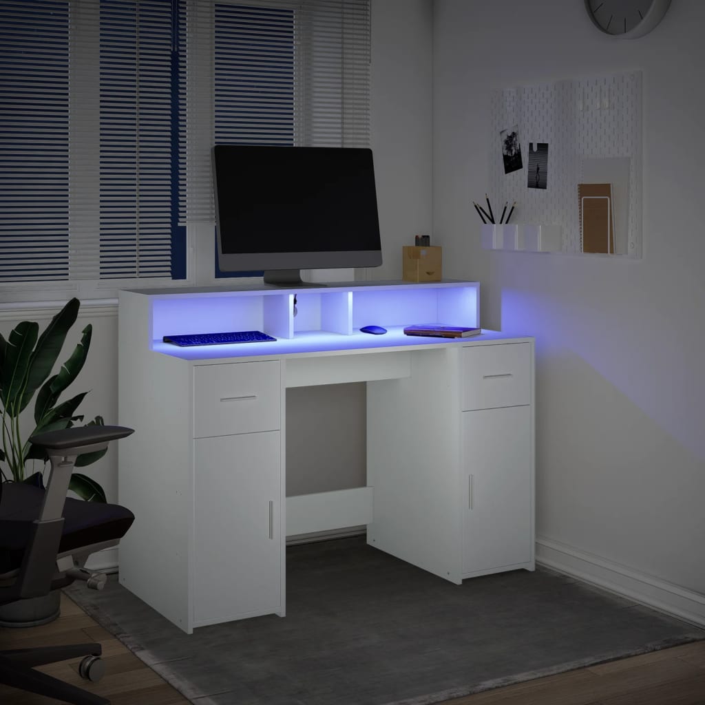 Bureau met LED-verlichting 120x55x91 cm bewerkt hout wit