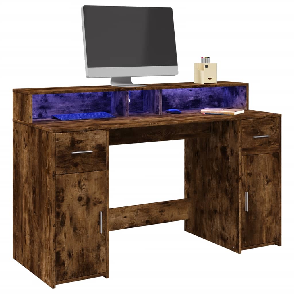 Bureau met LED-verlichting 140x55x91 cm hout gerookt eikenkleur