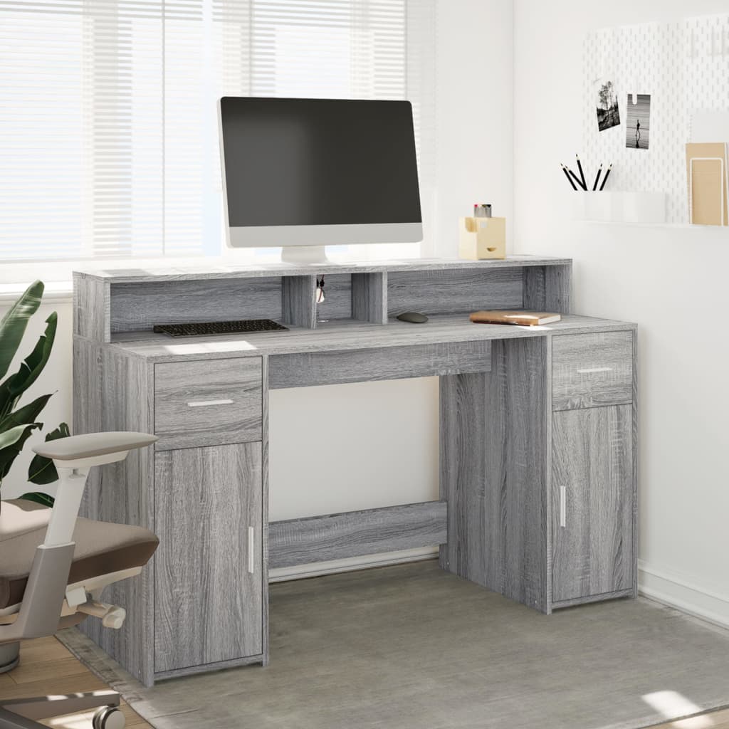 Bureau met LED-verlichting 140x55x91 cm hout grijs sonoma eiken