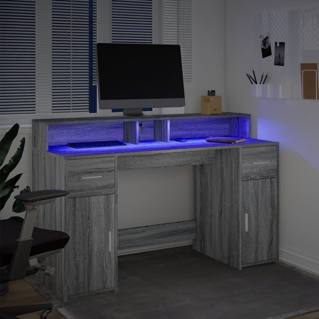 Bureau met LED-verlichting 140x55x91 cm hout grijs sonoma eiken