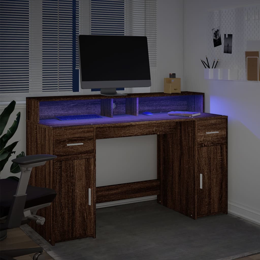 Bureau met LED-verlichting 140x55x91 cm hout bruin eikenkleurig