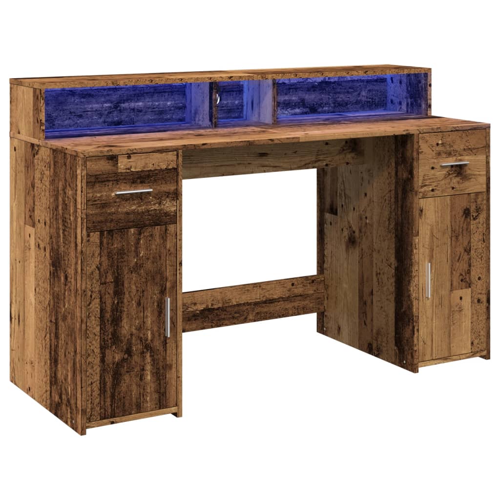 Bureau met LED-verlichting 140x55x91 cm bewerkt hout oud hout