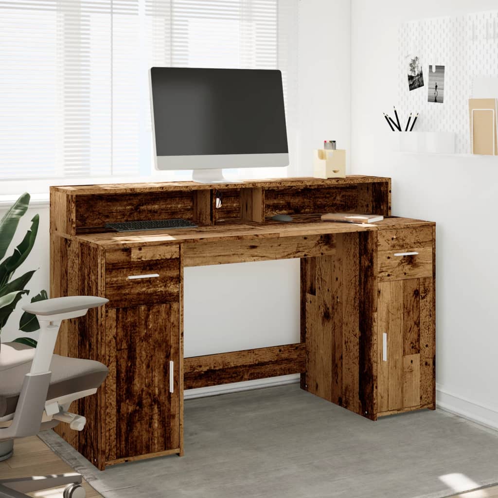 Bureau met LED-verlichting 140x55x91 cm bewerkt hout oud hout