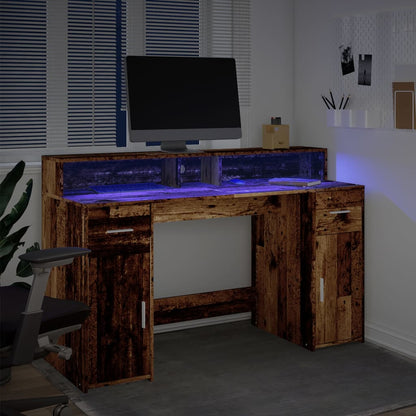 Bureau met LED-verlichting 140x55x91 cm bewerkt hout oud hout